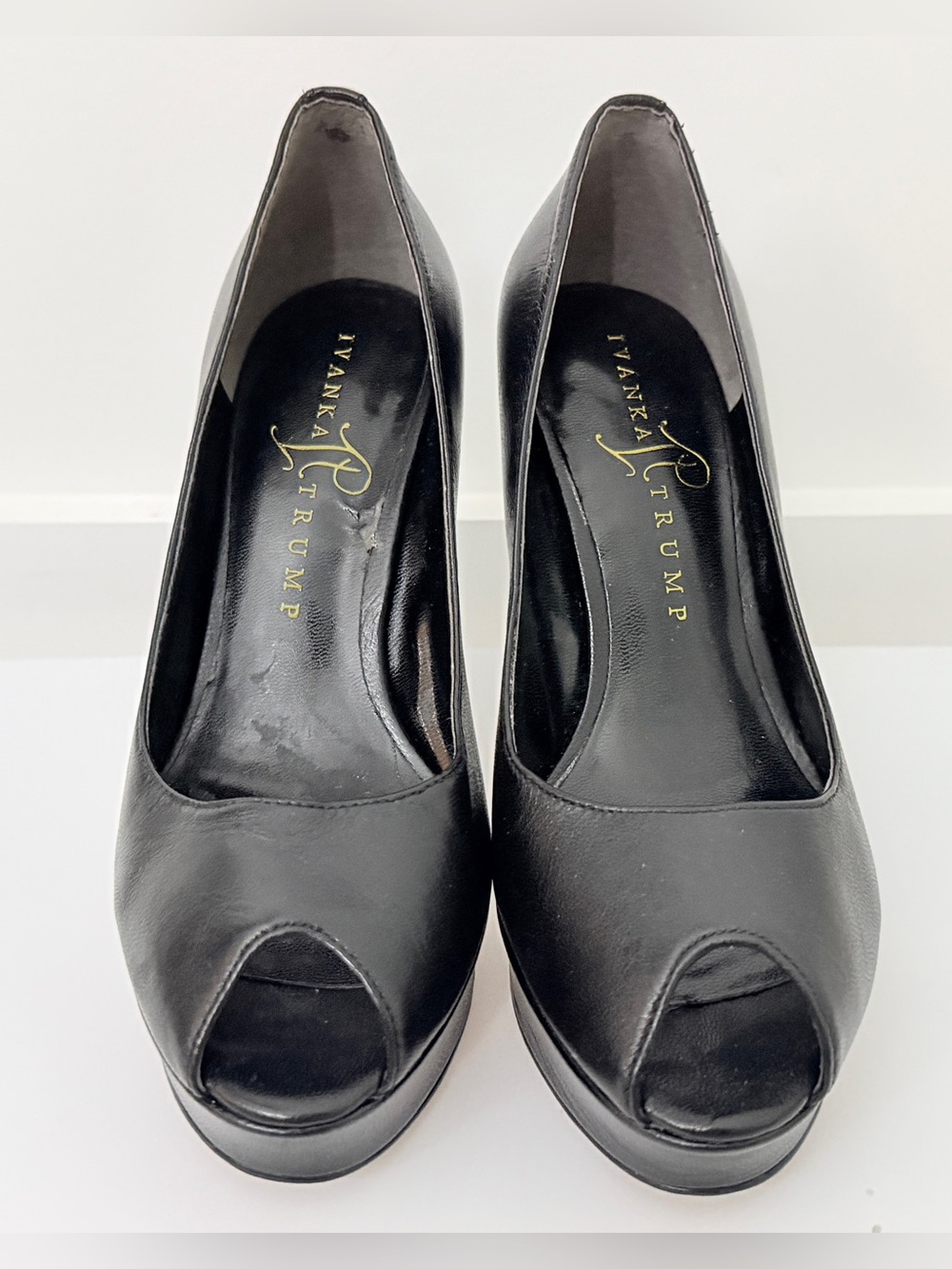Ivanka Trump Black Leather Peep-Toe Platform Pumps